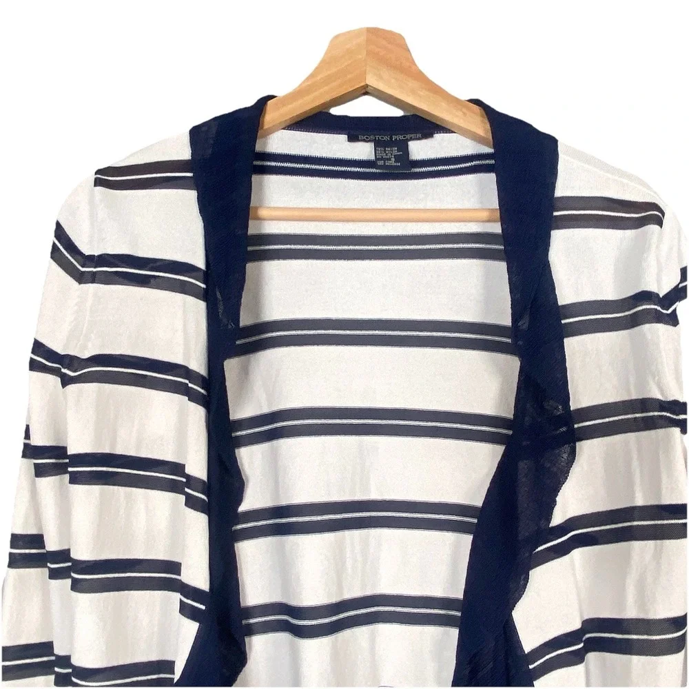 Boston Proper Ivory Ruffled Nautical Ruffle Edge Striped Cardigan Sweater Size S